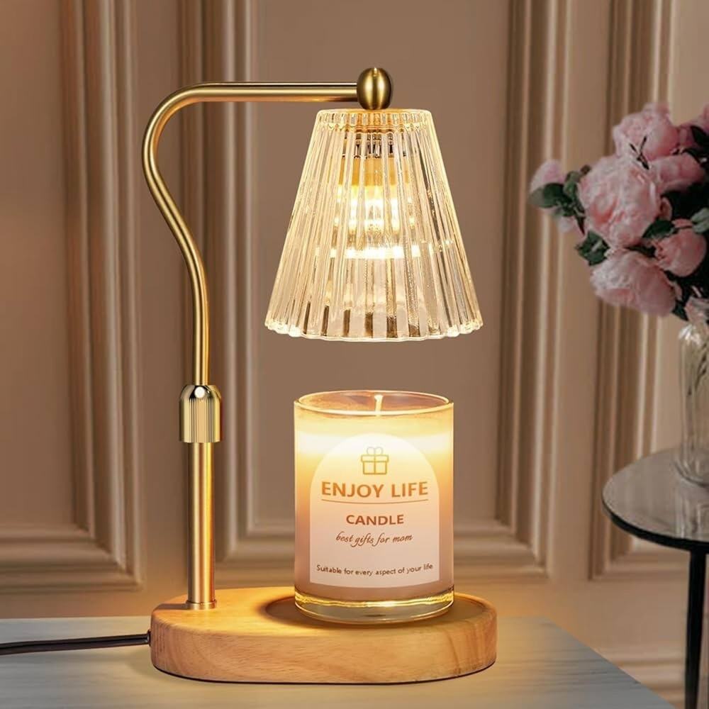 NEW Boxed White Glass Shade Gold Metal Arm Wood Stand Scented Candle Warmer Lamp
